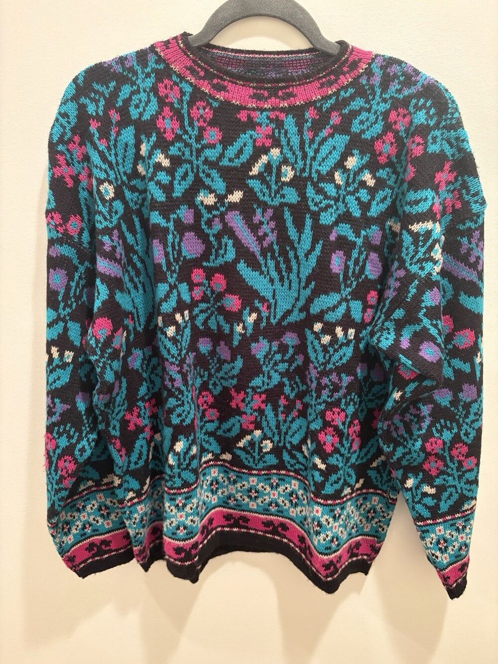 Vintage 80s Knit Floral Sweater Women's Large Wool Blend Italy Made